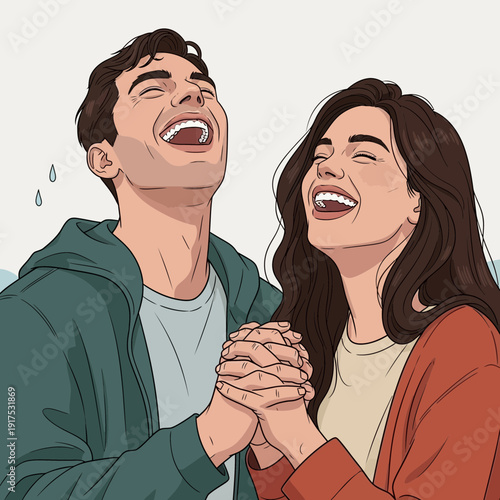 Couple laughing heartily holding hands with eyes closed.