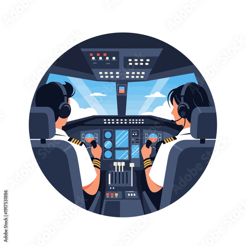 Two pilots in a cockpit flying an aircraft through clouds.