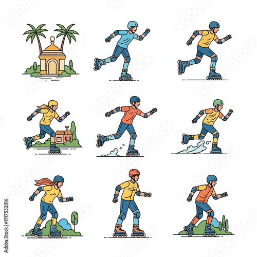 People rollerblading in various poses and settings.