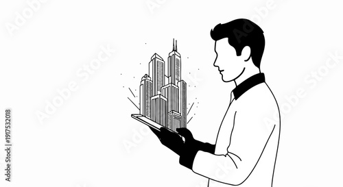 Man holding tablet with futuristic cityscape model and sparkling particles