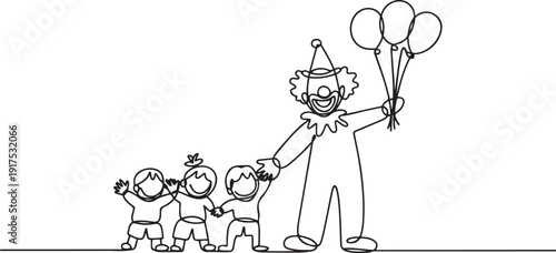 Single continuous line drawing the male clown stands while holding several balloons in his right hand. Children really like the show. one line Icon drawing