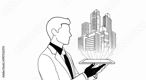 Man holding tablet projecting holographic city skyline in outline