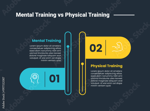 mental vs physical training comparison infographic dark outline for slide presentation with round flag up and down with 2 point list