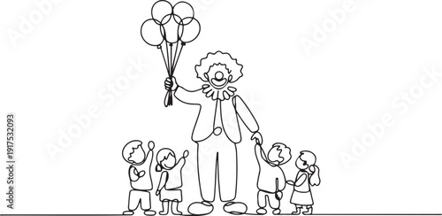 Single continuous line drawing the male clown stands while holding several balloons in his right hand. Children really like the show. one line Icon drawing
