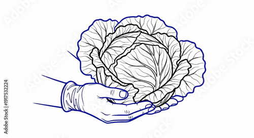 Hands cupping a fresh cabbage with detailed leafy texture and outline