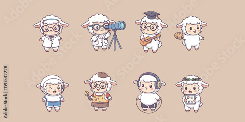 Cute Cartoon Sheep Characters in Various Professions and Hobbies