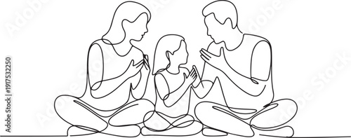 Single continuous line drawing mother, daughter and father sitting on the floor while making hand gestures. Expressing love without words. Mother Father Deaf Day. one line Icon drawing