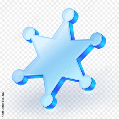 3d blue glass six-point sheriff badge star icon isolated on transparent background. Symbol of police, law enforcement, security, authority, security icons design elements. Vector illustration.