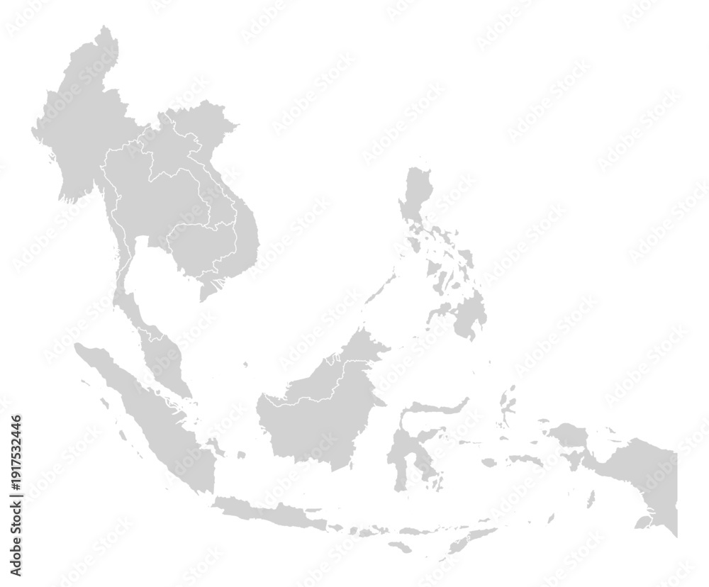 Fototapeta premium Grey with White Outline Southeast Asia Map with District Borders Asian Country