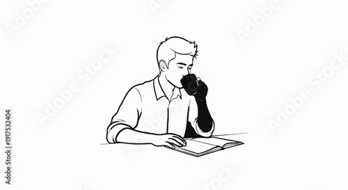 Man in a collared shirt sips from a dark mug while reading an open book