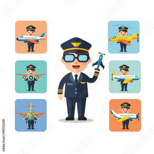 Cartoon pilot in uniform holding a toy airplane surrounded by smaller pilot icons.