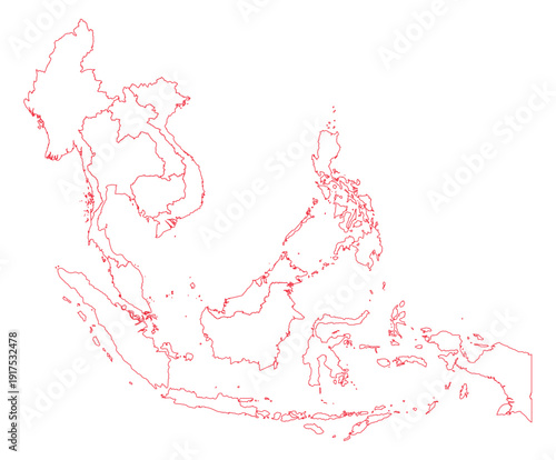 Red Outline Southeast Asia Map with District Borders Asian Country