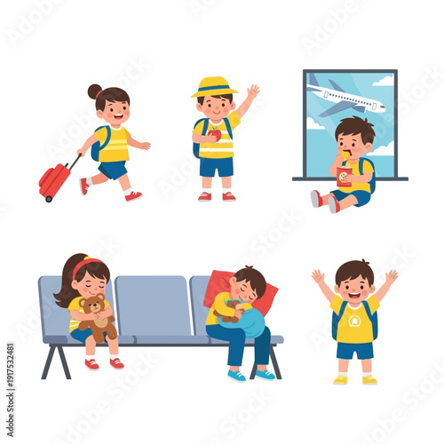 Children with luggage and backpacks in a waiting area.