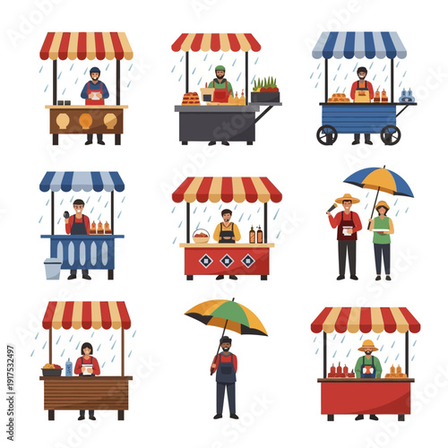 Market stalls with vendors and customers under umbrellas.