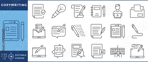 Copywriting related 18 line icons set. Vector editable stroke.