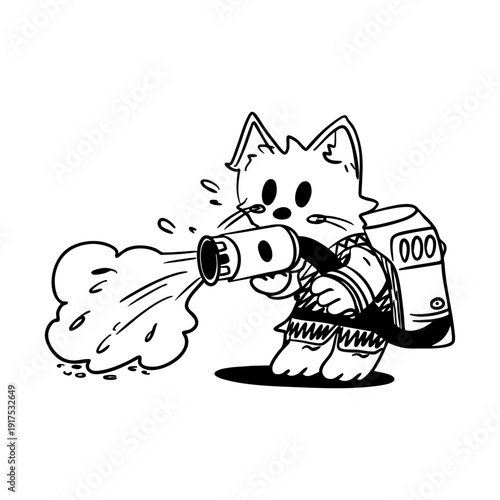 Hand-drawn vector illustration of a firefighter cat putting out a fire, line art