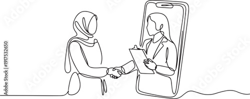 Continuous one line drawing hijab female patient shaking hands with female doctor in smartphone holding clipboard. Online medical consultation. one line Icon drawing