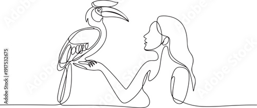 Continuous one line drawing the great hornbill bird perched on hand of woman. The crested has a large yellow beak. Big colorful bird. Woman Holding Bird. one line Icon drawing