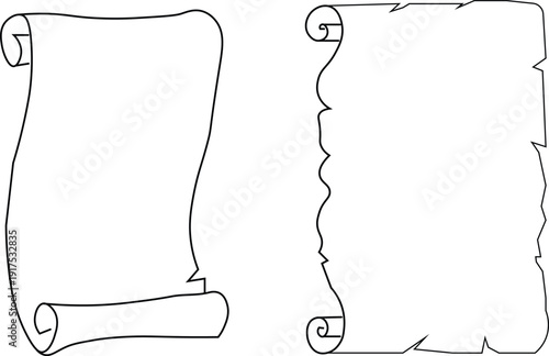 Vintage hand drawn vector illustration of old paper scroll set with needle thread and arrow sketch design in black art style