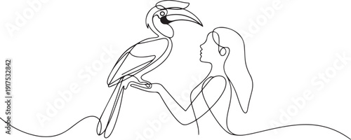 Continuous one line drawing the great hornbill bird perched on hand of woman. The crested has a large yellow beak. Big colorful bird. Woman Holding Bird. one line Icon drawing