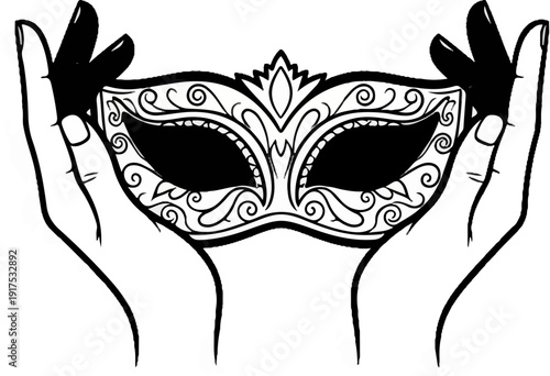 Hands hold ornate mask