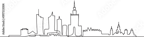 Single continuous line drawing Warsaw city skyline, Poland. Famous skyscraper landscape postcard. World travel wall decor art poster concept. one line Icon drawing