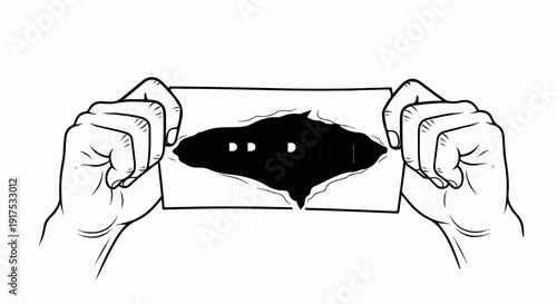 Hands hold ripped paper revealing dark void with dots