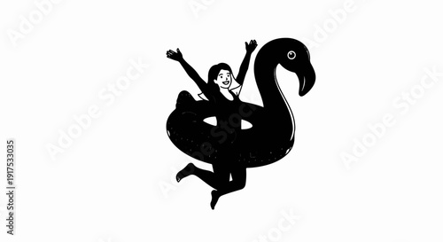 Joyful person leaps with arms up, embracing a large inflatable flamingo