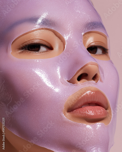 Close up of woman wearing sparkling lavender sheet mask for glowing skin treatment