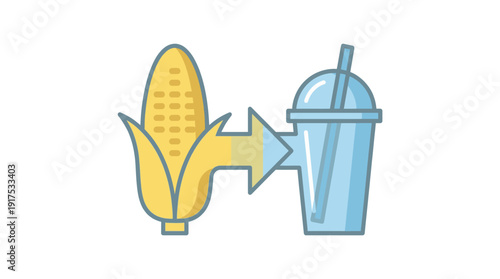Corn to bioplastic conversion concept, eco friendly biodegradable polymer plastic cup vector illustration