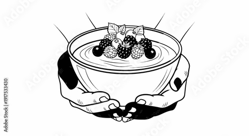 Hands holding a bowl filled with swirling yogurt and topped with berries and leaves