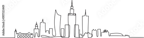 Single continuous line drawing Warsaw city skyline, Poland. Famous skyscraper landscape postcard. World travel wall decor art poster concept. one line Icon drawing