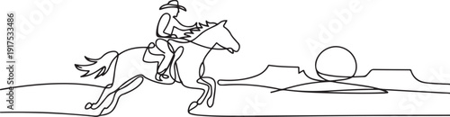 Continuous one line drawing the wild west and desert with cowboy riding horse. Mustang and person outdoor at sunset. Cowboy and horse icon or logo. one line Icon drawing