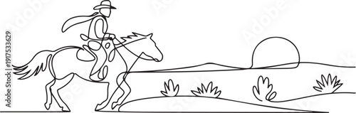 Continuous one line drawing the wild west and desert with cowboy riding horse. Mustang and person outdoor at sunset. Cowboy and horse icon or logo. one line Icon drawing