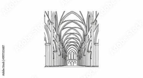 Interior view of a grand gothic cathedral with ribbed vaults and columns