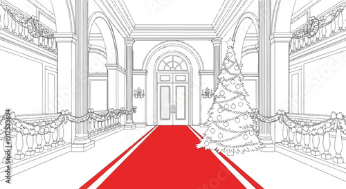 Grand hallway with red carpet and decorated Christmas tree