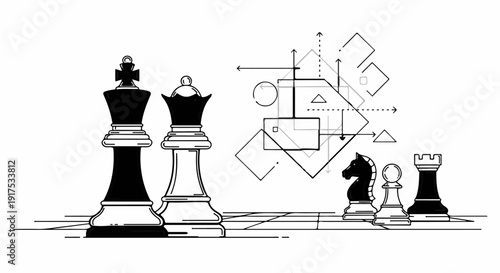 King, queen, knight, pawn, rook on chess board with geometric designs