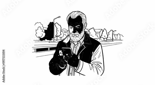 Man in jacket gazes at phone with buildings and trees behind him