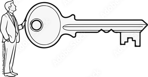 Man in suit holds a very large key, symbolizing opportunity or success