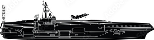 Aircraft Carrier Silhouette with Fighter Jet Takeoff, Black and White Naval Warship Vector Illustration for Military, Defense, and Maritime Concept