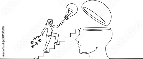 Single continuous line drawing businesswoman climb to the large, open head with stairs. Throw away the lightbulb. Putting down suggestions. one line Icon drawing