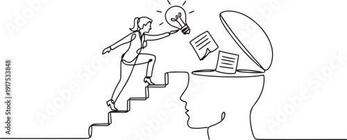 Single continuous line drawing businesswoman climb to the large, open head with stairs. Throw away the lightbulb. Putting down suggestions. one line Icon drawing