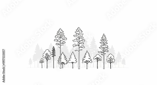 Minimalist sketch of a forest with various evergreen and deciduous trees
