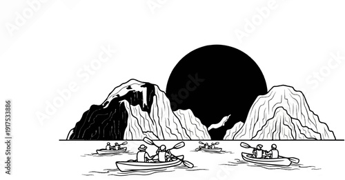 Kayakers paddle through a scenic bay with towering, rocky mountains behind