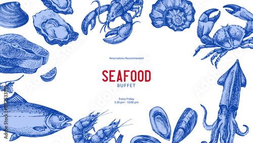 Sketch vintage seafood frame. Hand drawn vector illustration background. Salmon, crab, shrimps, lobster, oysters, squid set
