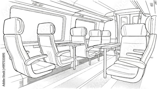 Interior view of empty, modern train carriage with rows of seats and tables