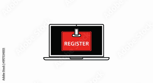 Laptop screen displays a red badge with the word "REGISTER
