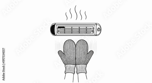 Hands in knitted mittens being warmed by a ceiling-mounted heater