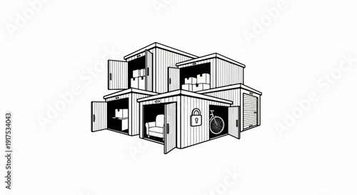 Interlocking storage units filled with boxes, furniture, and a bicycle