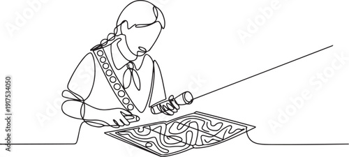 Continuous one line drawing girl in scout uniform with map and flashlight in hand. View and read the map carefully. Instruction. National Girl Scout Day. one line Icon drawing